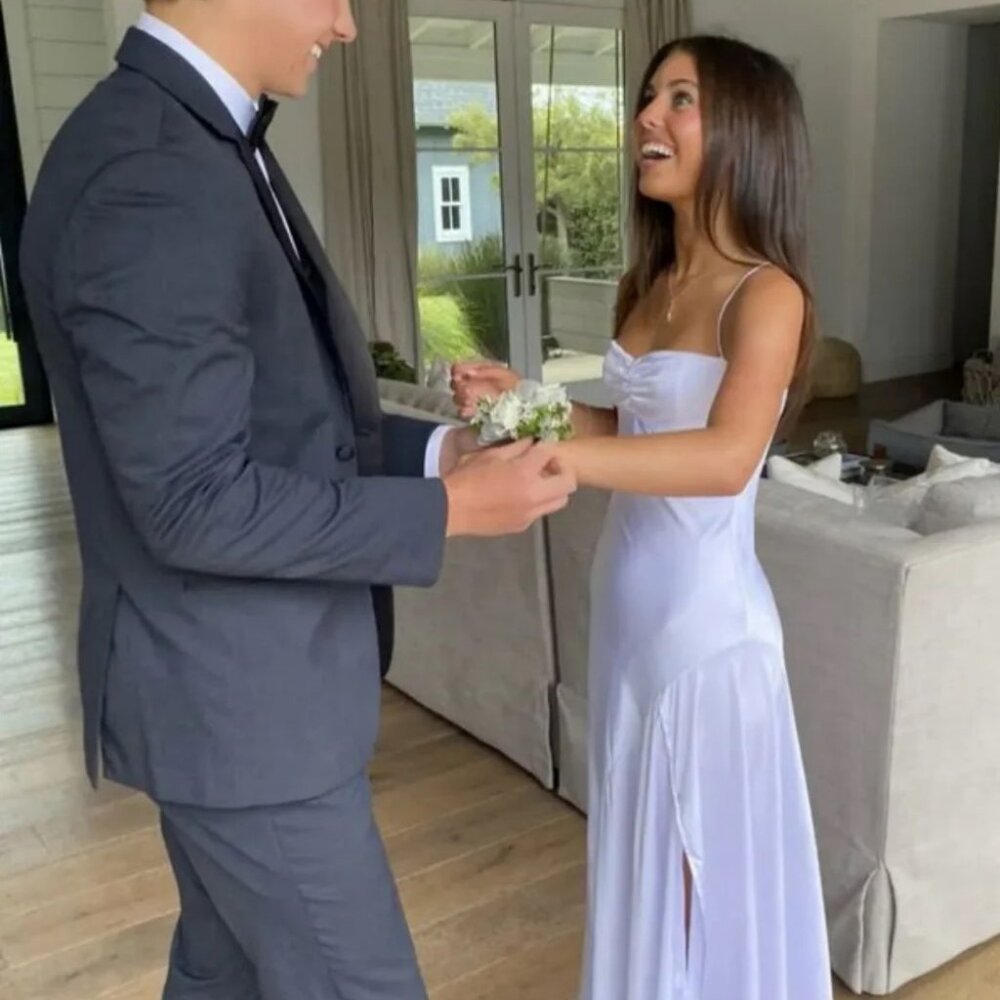 Spaghetti Straps Lilac Ruched Long Dress with Slit